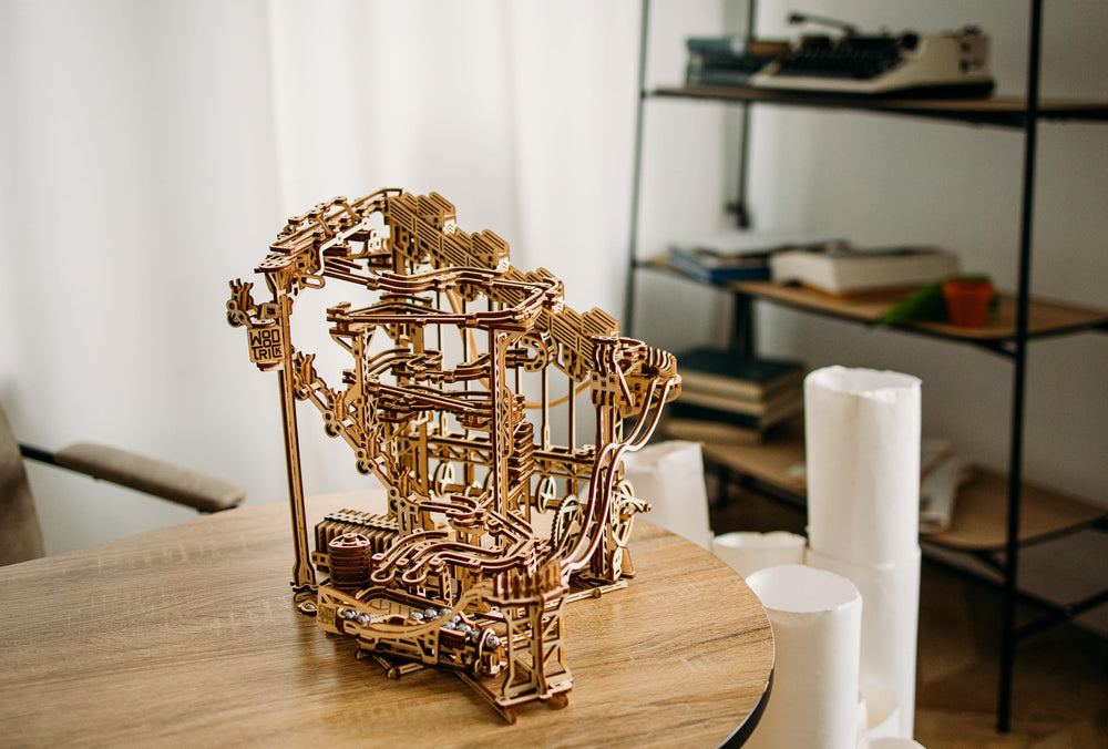 Wood Trick three-connected-tracks layout highlights complex marble pathways.