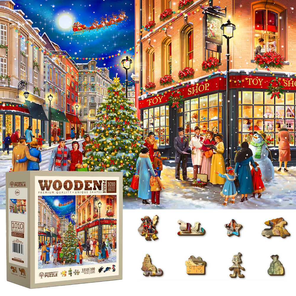 WOODEN.CITY 1000-piece Christmas Evening puzzle showing a snowy village for cozy evenings.