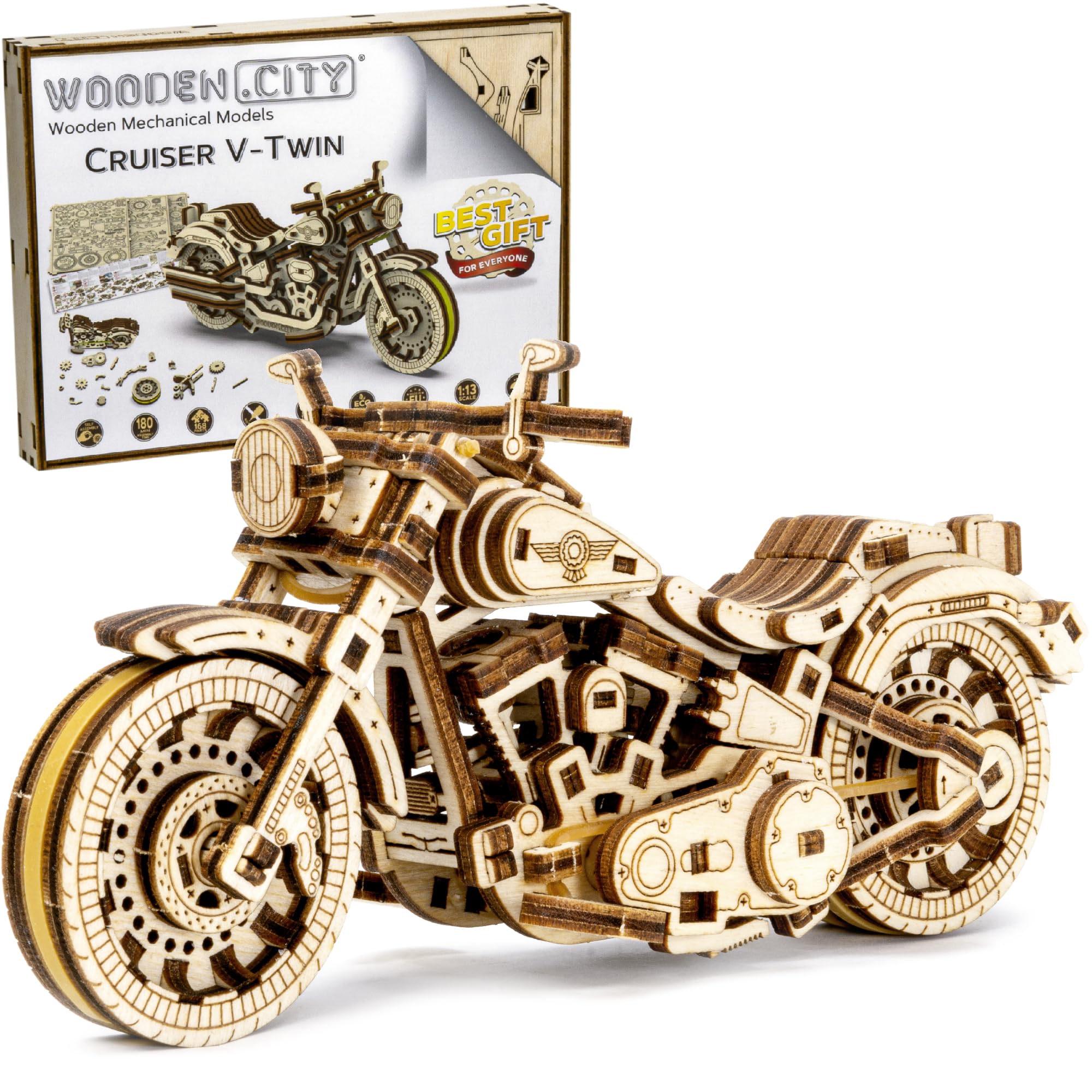 WOODEN.CITY Cruiser V-Twin puzzle front view highlights engine detail for display and build.