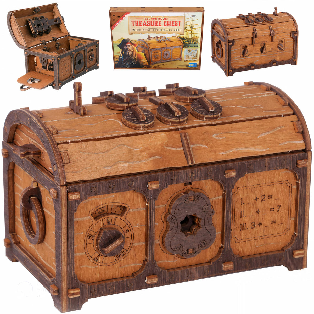 WOODEN.CITY treasure chest puzzle box lid reveals hidden compartment for display.