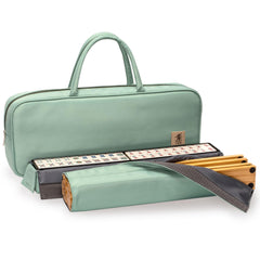 Yellow Mountain Imports wooden racks with pushers showcased for wall-friendly, compact mahjong play.