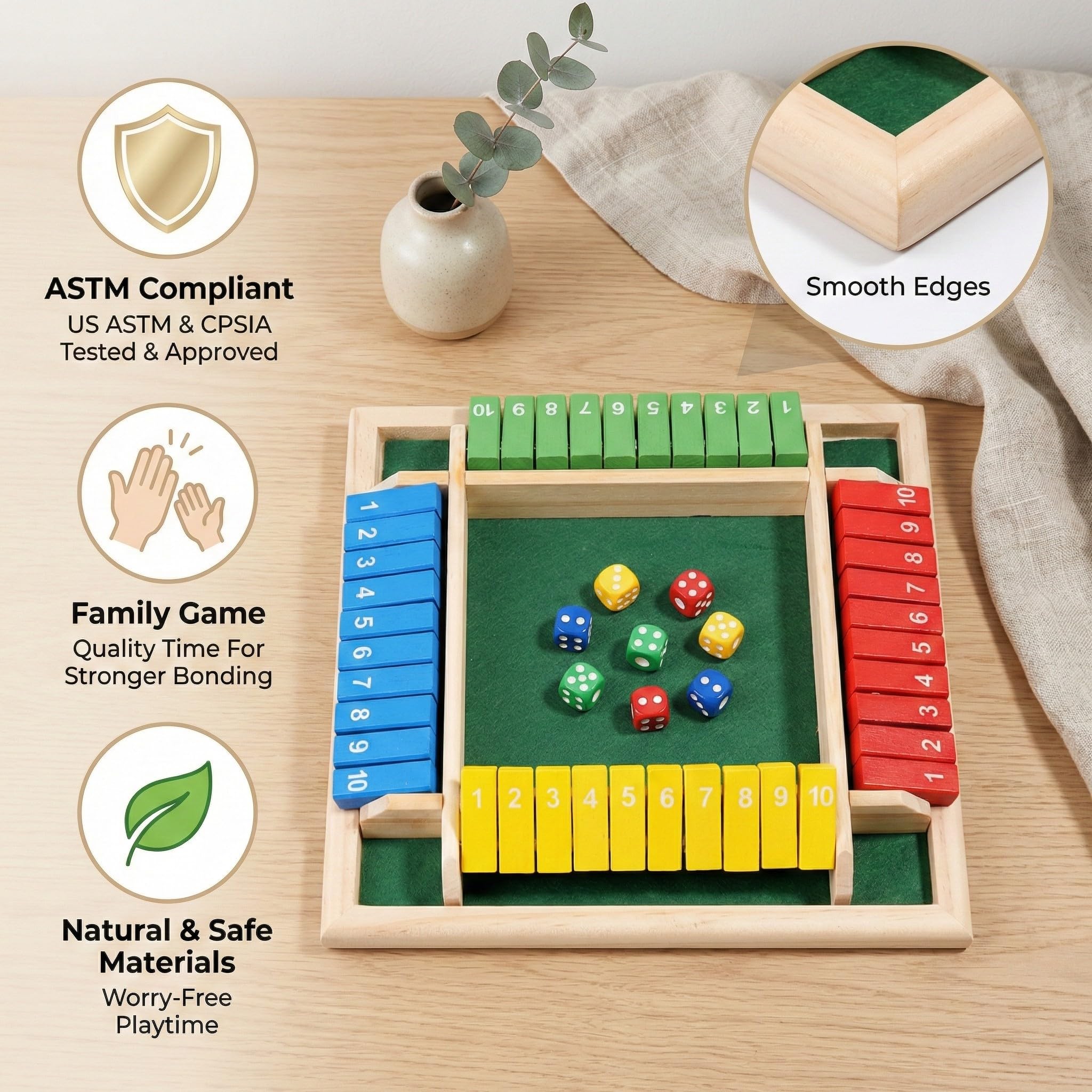 Wooden Shut The Box with rotating base design for flexible play setups.