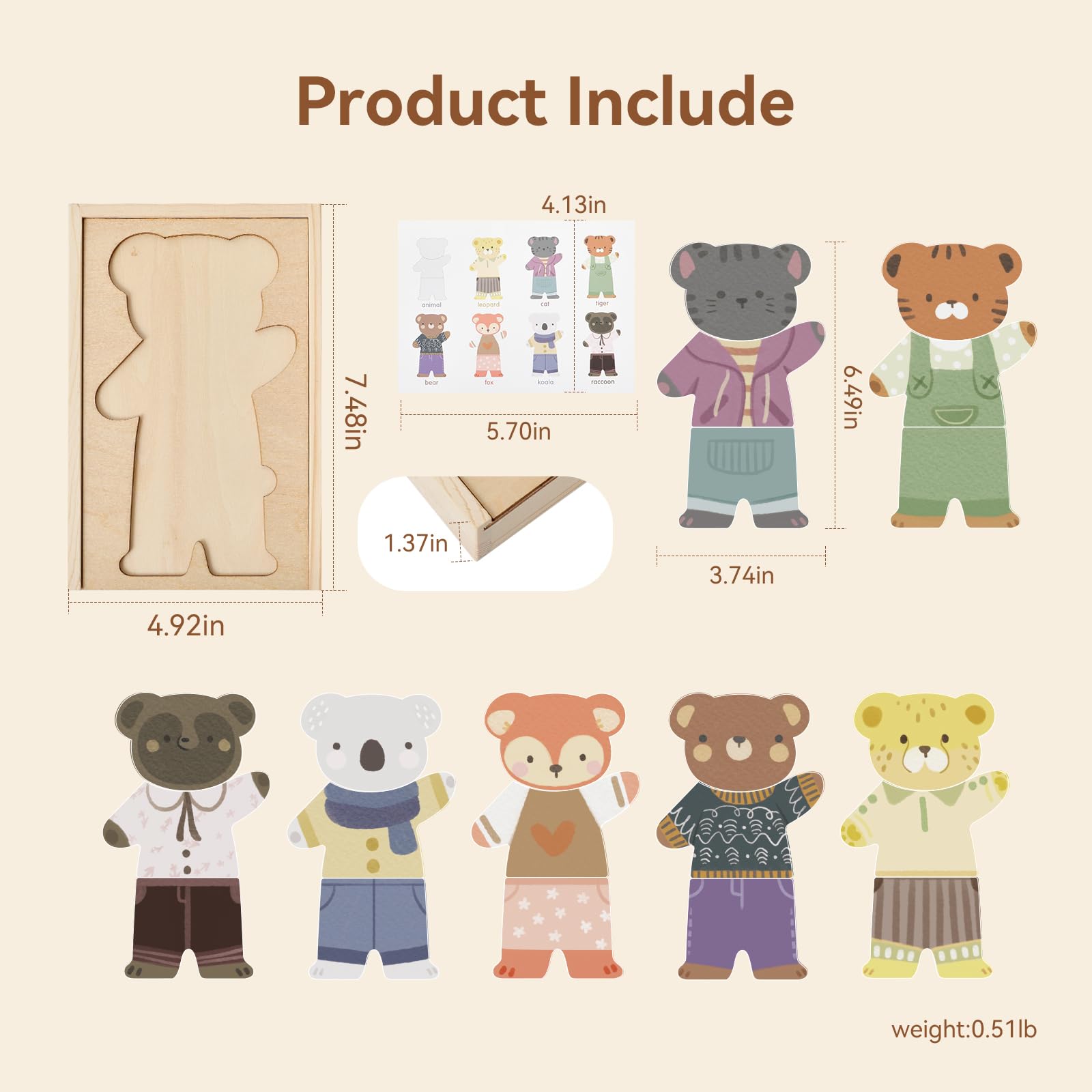WOODEN TEETHER 21-piece set spread shows mix-and-match outfits for creative play.