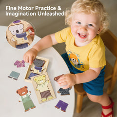 WOODEN TEETHER outfits arranged on board to inspire imaginative storytelling.