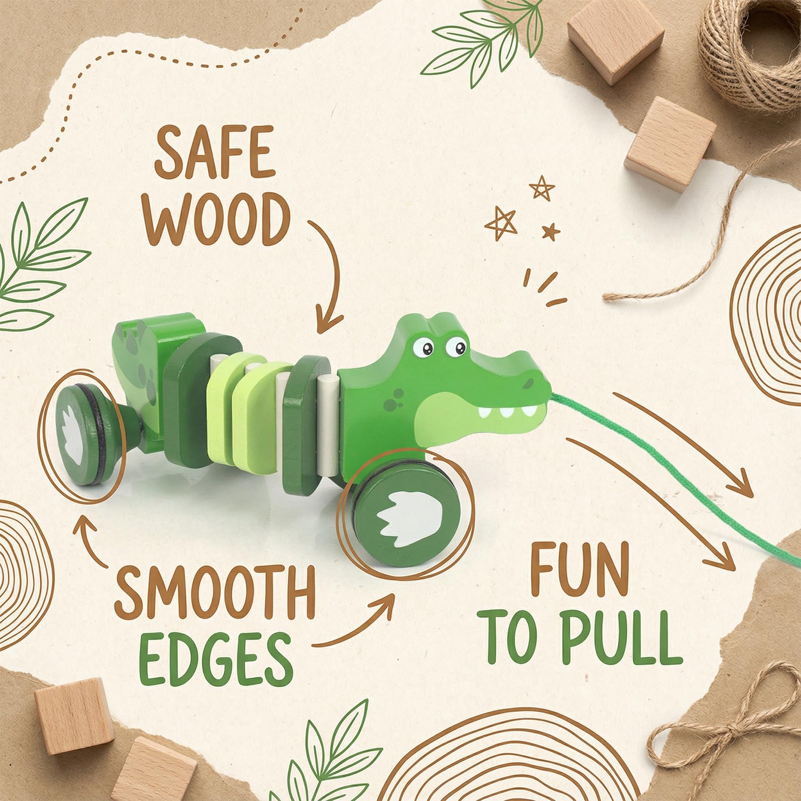 WoodenEdu crocodile pull toy side view shows durable FSC wood and smooth finish.