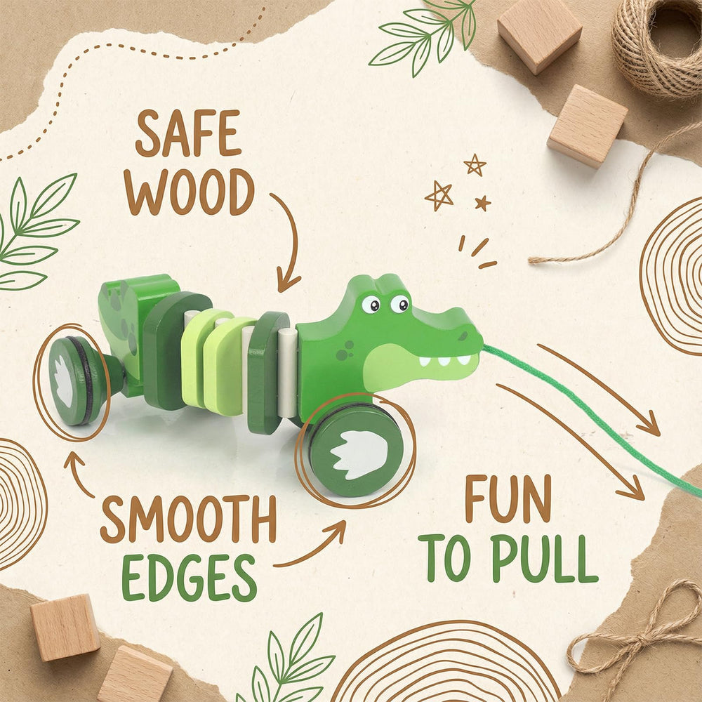 WoodenEdu crocodile pull toy side view shows durable FSC wood and smooth finish.