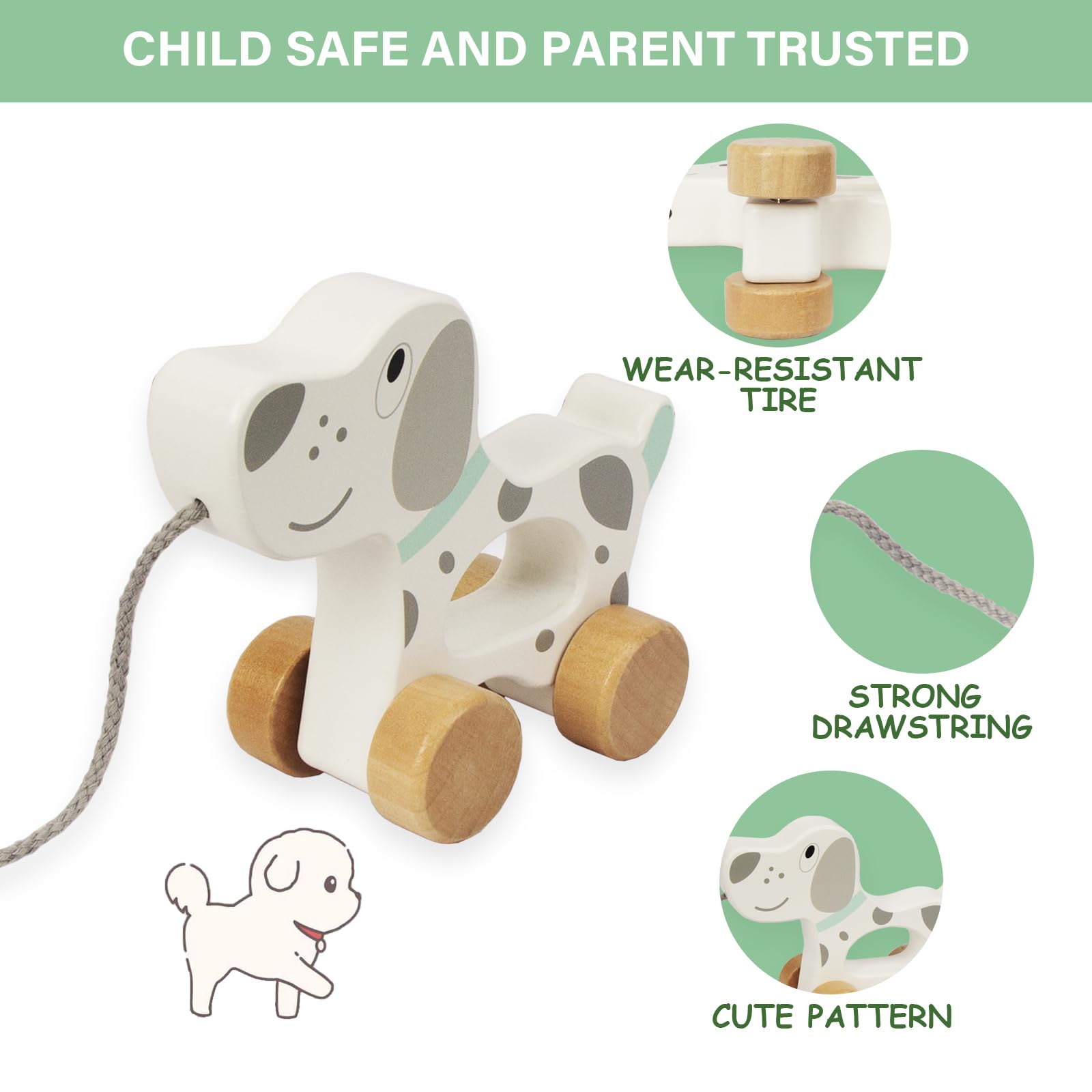 WoodenEdu dog pull toy in action supports independent play and movement.