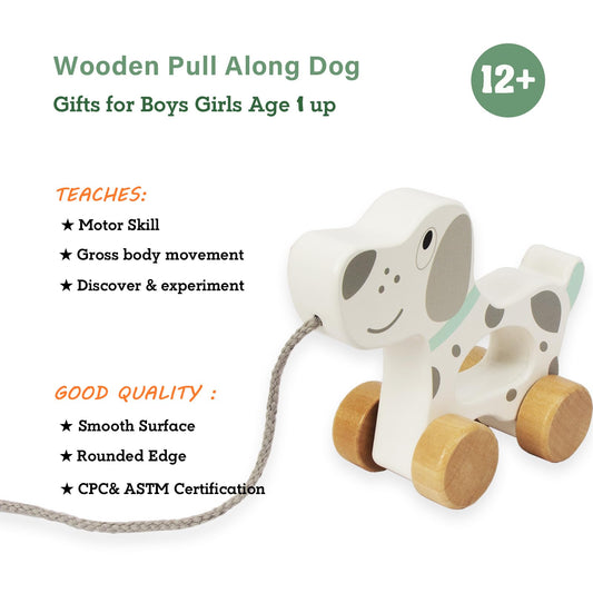WoodenEdu dog pull toy side view encourages crawling and steady balance.