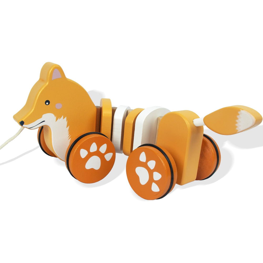 WoodenEdu Fox pull toy front view showing child-friendly design and motion potential