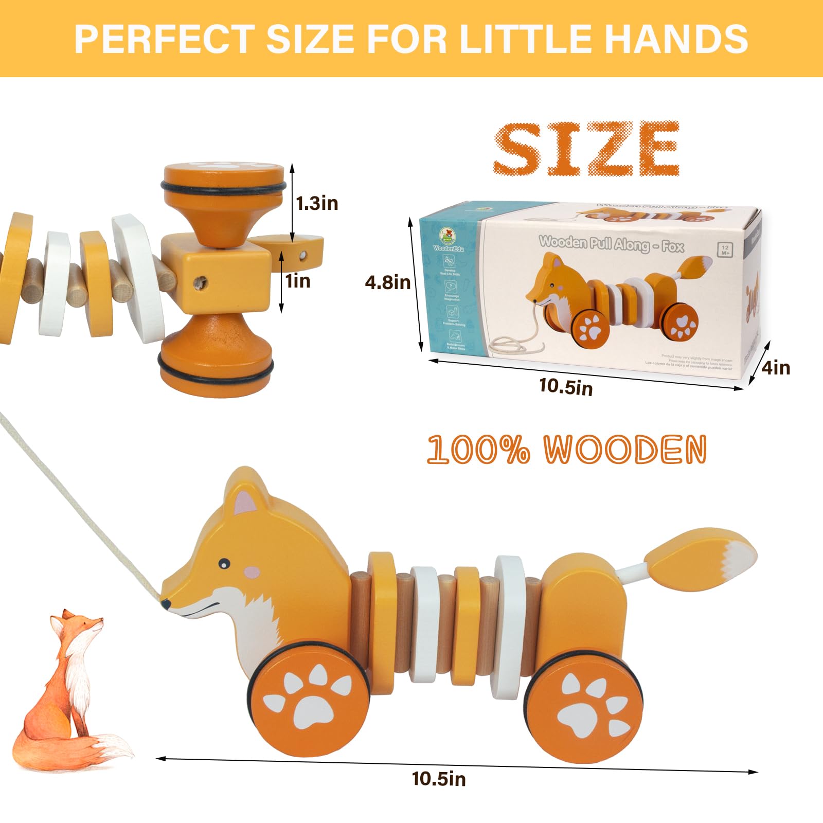 WoodenEdu Fox pull toy in use, aiding crawling and early movement