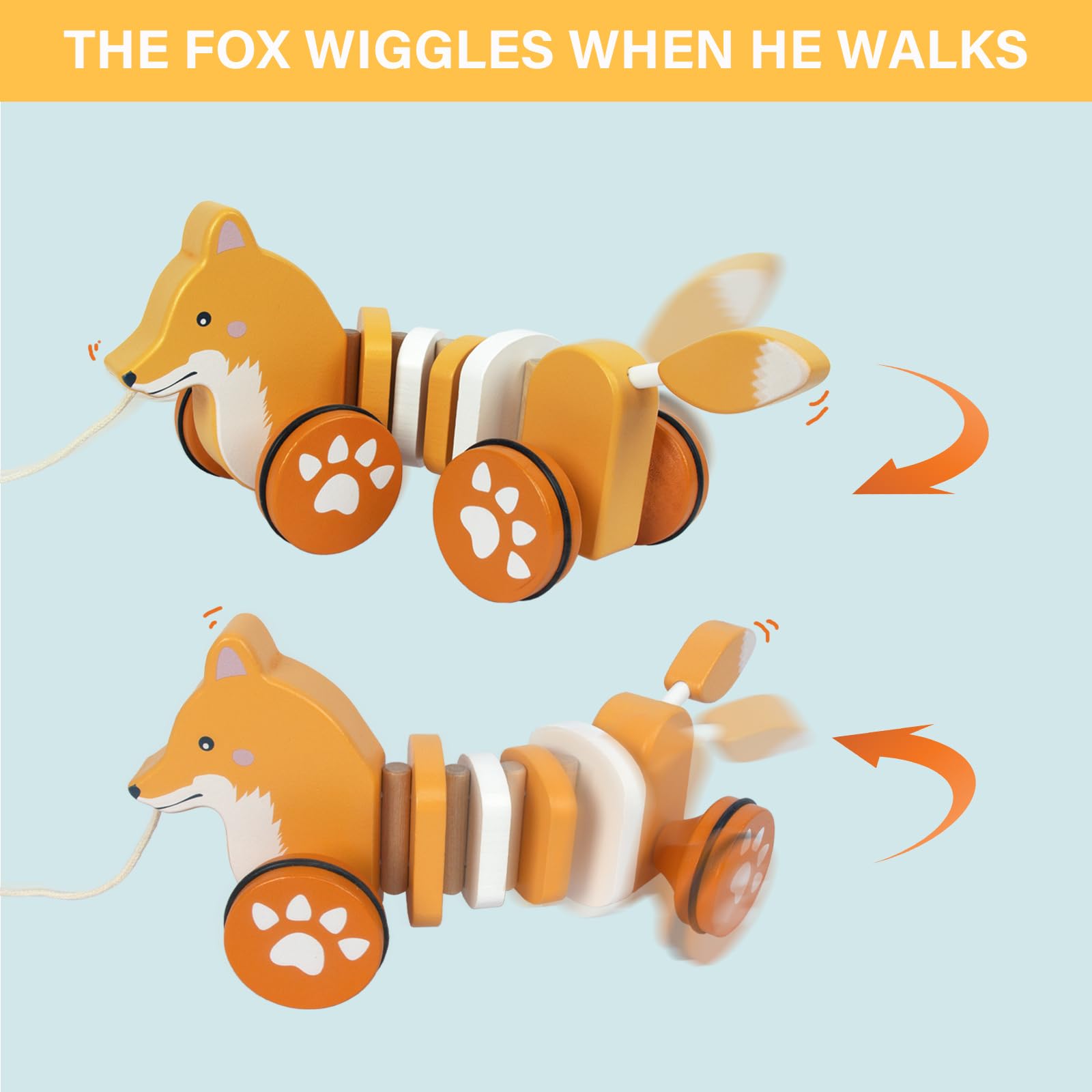 WoodenEdu Fox pull toy packaging, gift-ready presentation