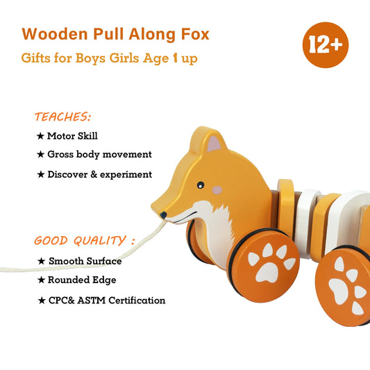 WoodenEdu Fox pull toy side view highlighting craftsmanship and size