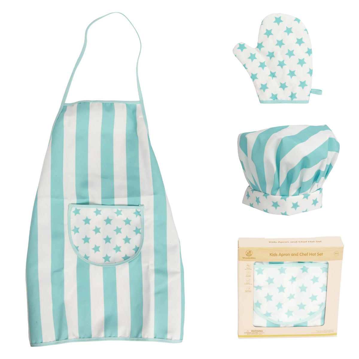WoodenEdu kid apron blue for mess-free cooking and fun learning.