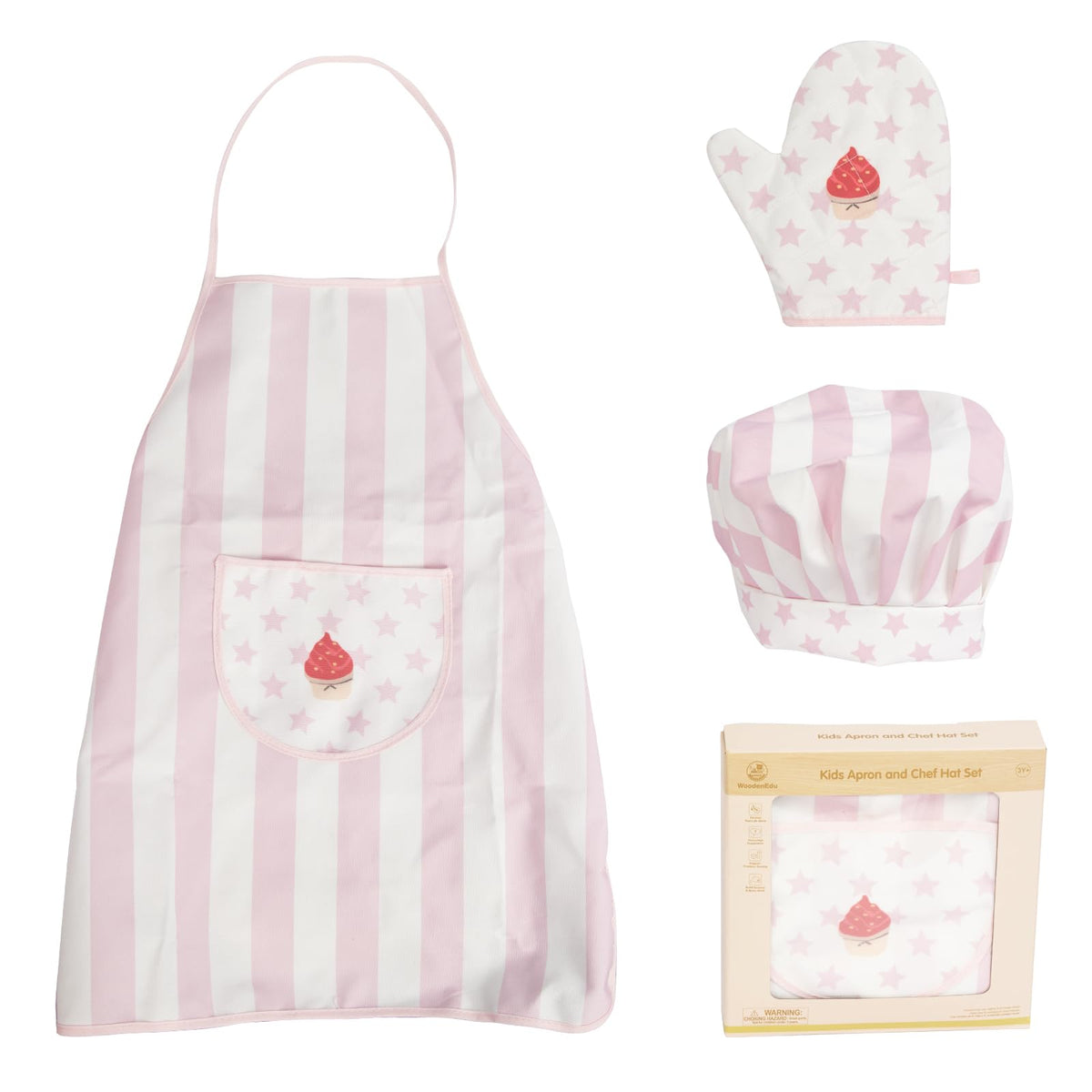 WoodenEdu kid apron pink front view shows stain-resistant, easy-clean fabric.