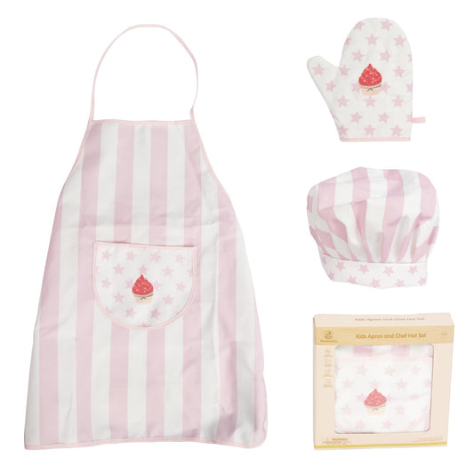 WoodenEdu kid apron pink front view shows stain-resistant, easy-clean fabric.