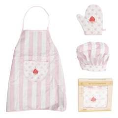 WoodenEdu kid apron pink front view shows stain-resistant, easy-clean fabric.