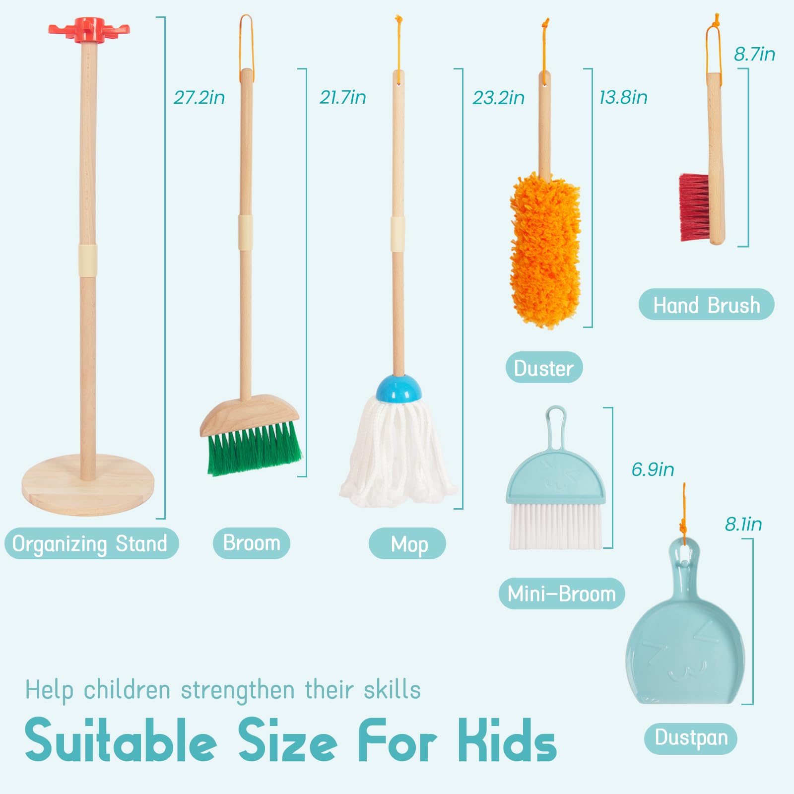 WoodenEdu Kids Cleaning Mop with longer handle for comfortable cleaning motions.