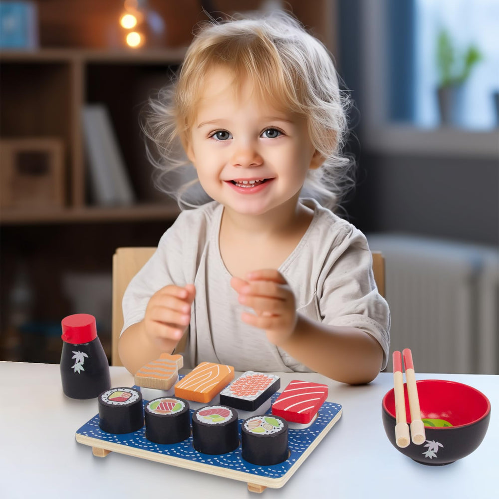 WoodenEdu sushi cutting action engages tactile play