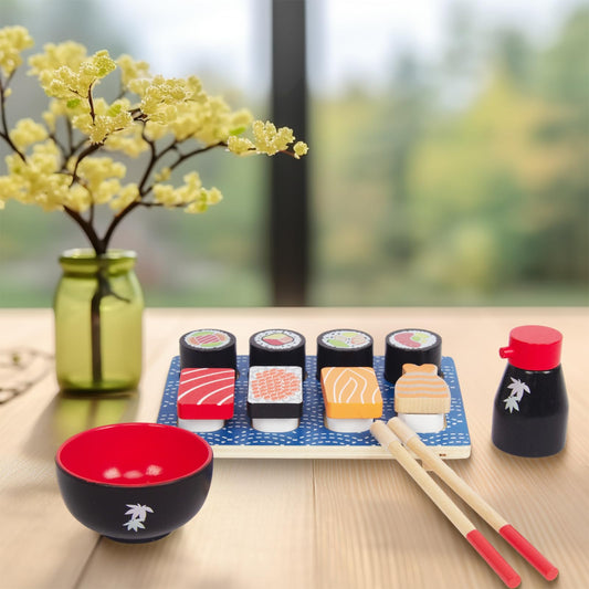 WoodenEdu sushi pieces on board for imaginative meals