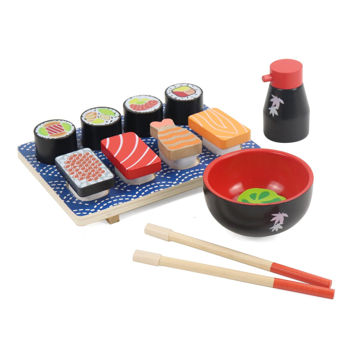 WoodenEdu sushi slicing play set tray for organized pretend kitchen fun