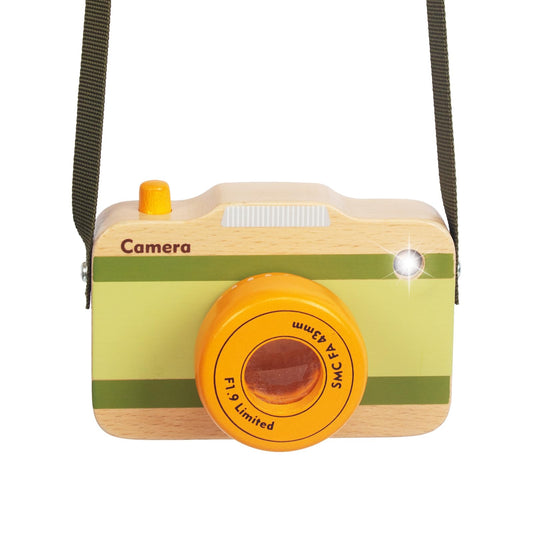 WoodenEdu wooden mini camera front view boosts imaginative play and easy gripping for toddlers.
