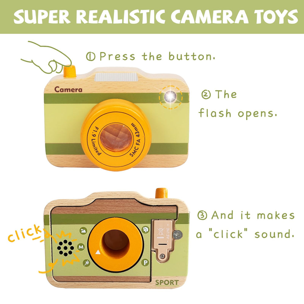 WoodenEdu wooden mini camera lens closeup highlights kid-friendly detailing and safe tactile wood.