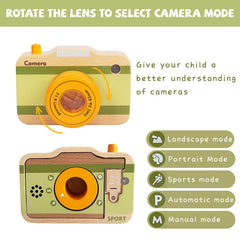 WoodenEdu wooden mini camera lights and sounds demonstrate engaging sensory features for toddlers.