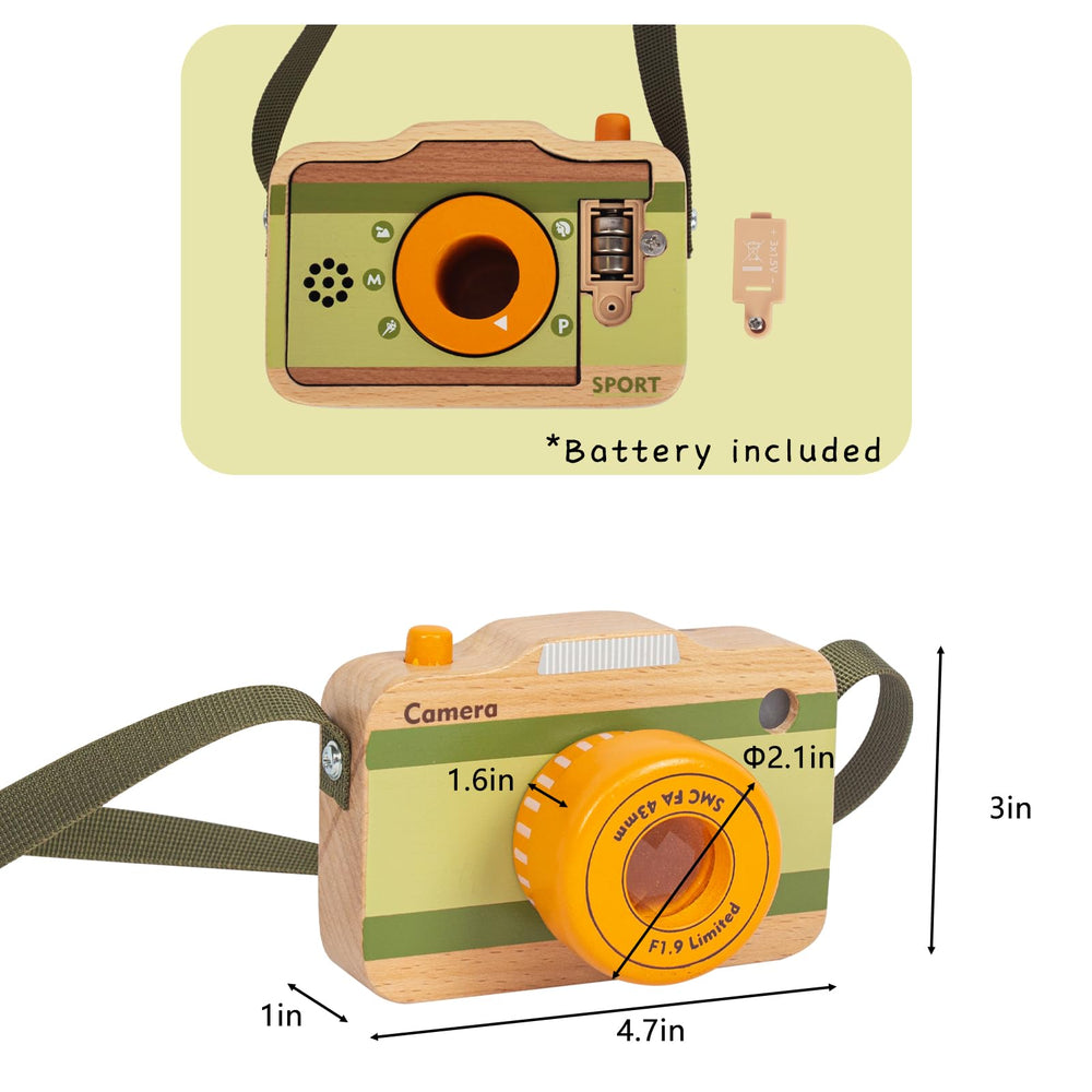 WoodenEdu wooden mini camera wood texture closeup shows natural materials for mindful play.