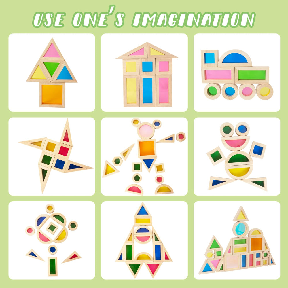 WOODENFUN colorful blocks foster color recognition and pattern exploration during play.