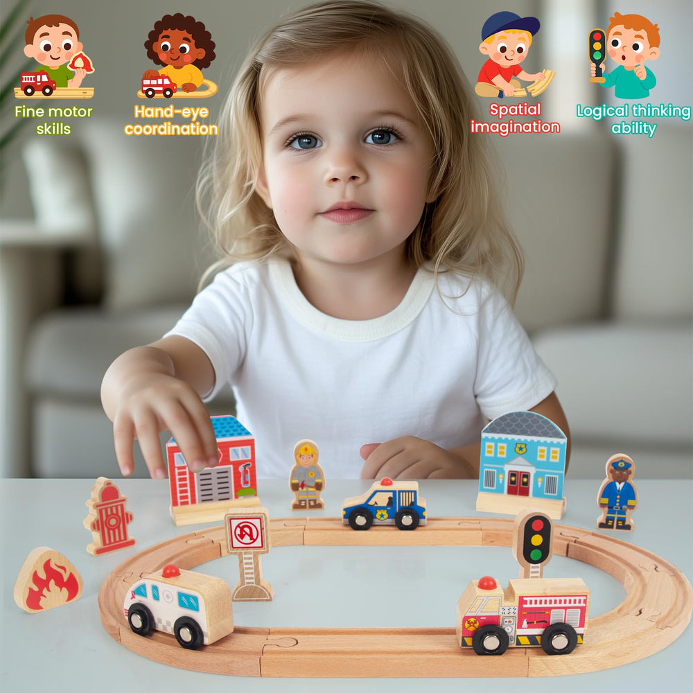 WOODENFUN child playing imagines railway adventures with tactile, durable pieces