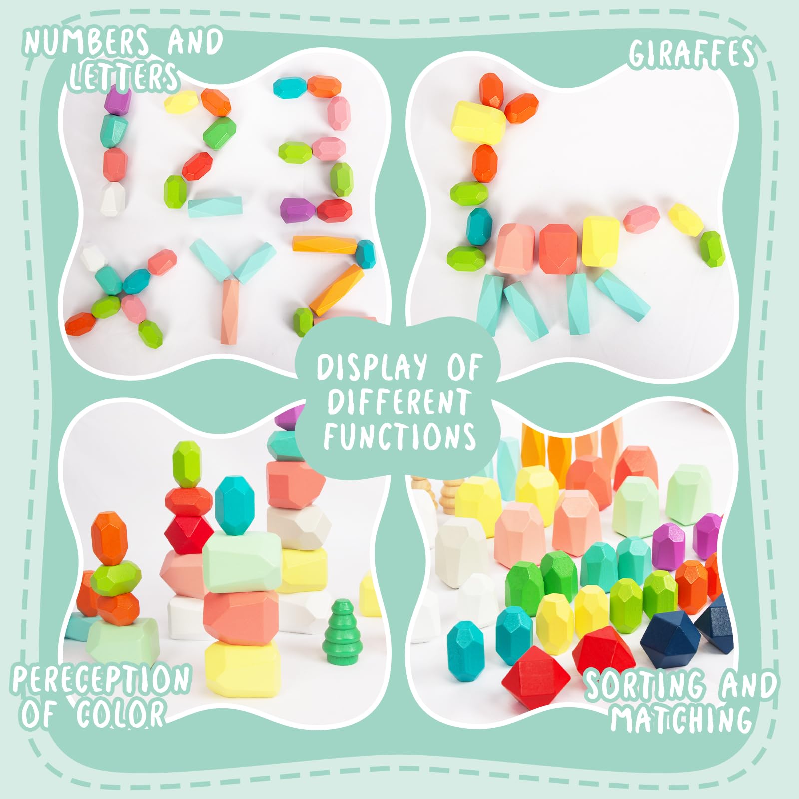 WOODENFUN colorful stones showing colors and sizes in an arrangement for learning.