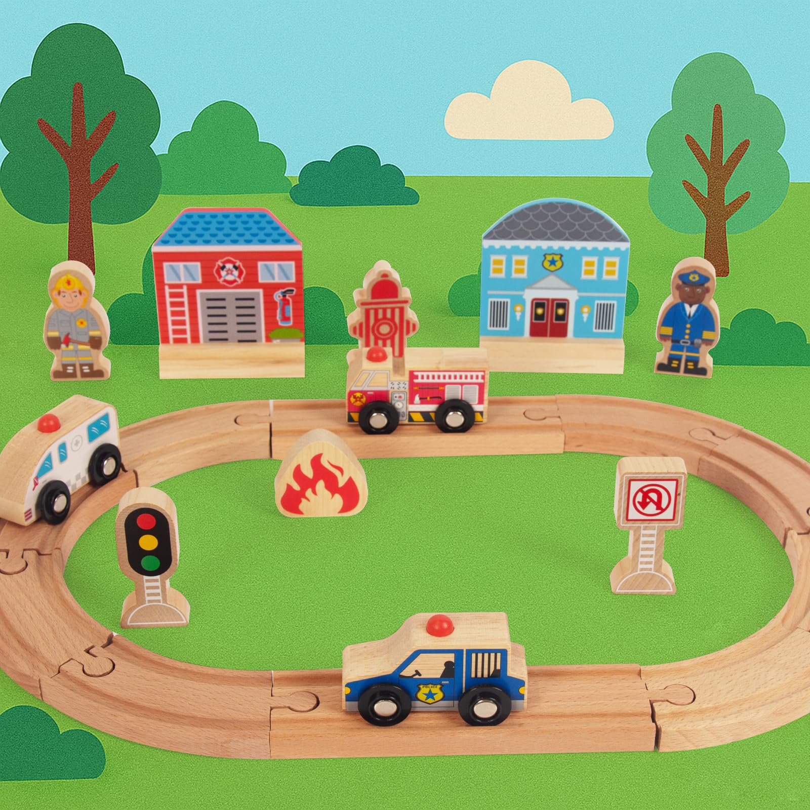 WOODENFUN expandable track layout enables creative railway setups for open-ended play