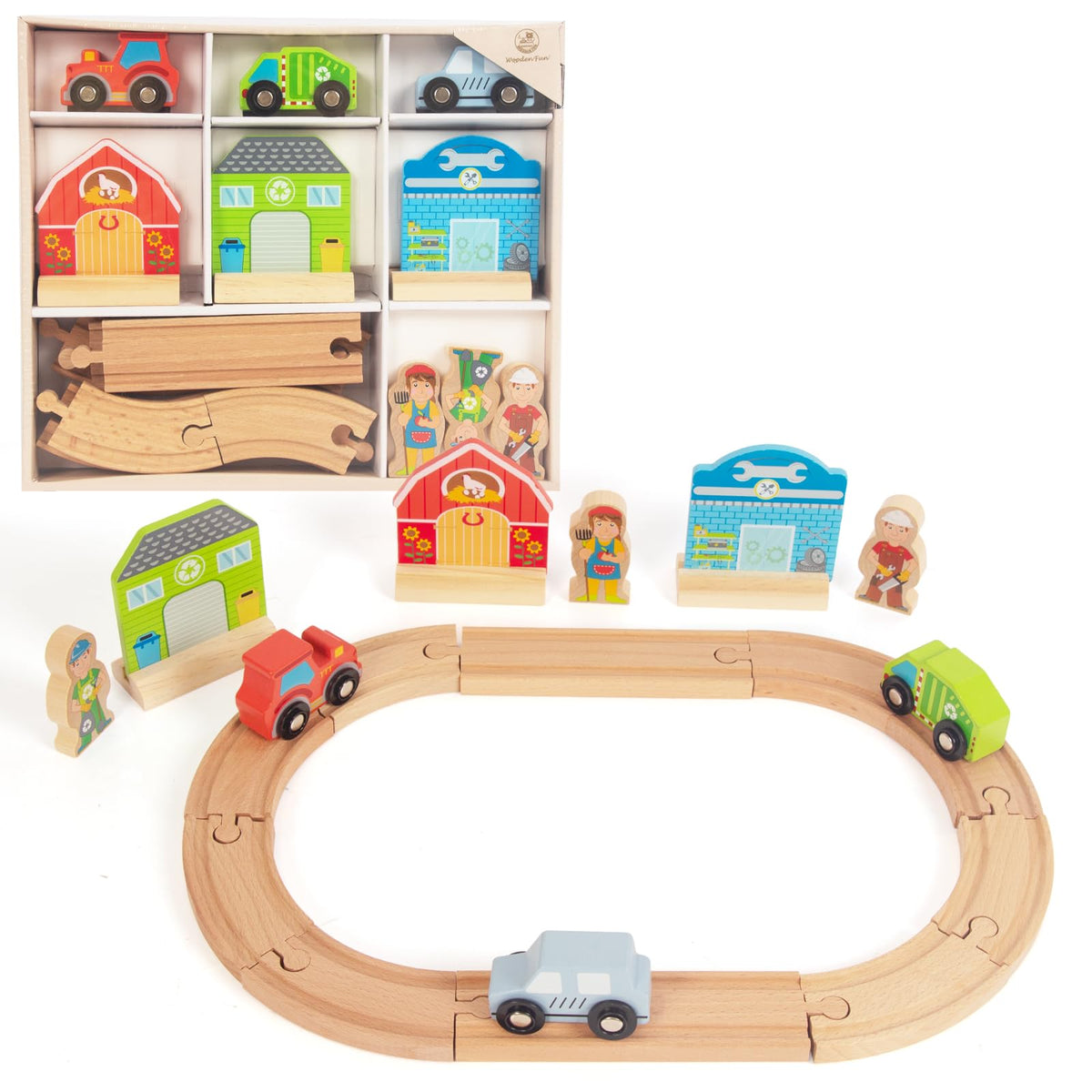 WOODENFUN farm train set assembly shows expandable tracks for versatile play.