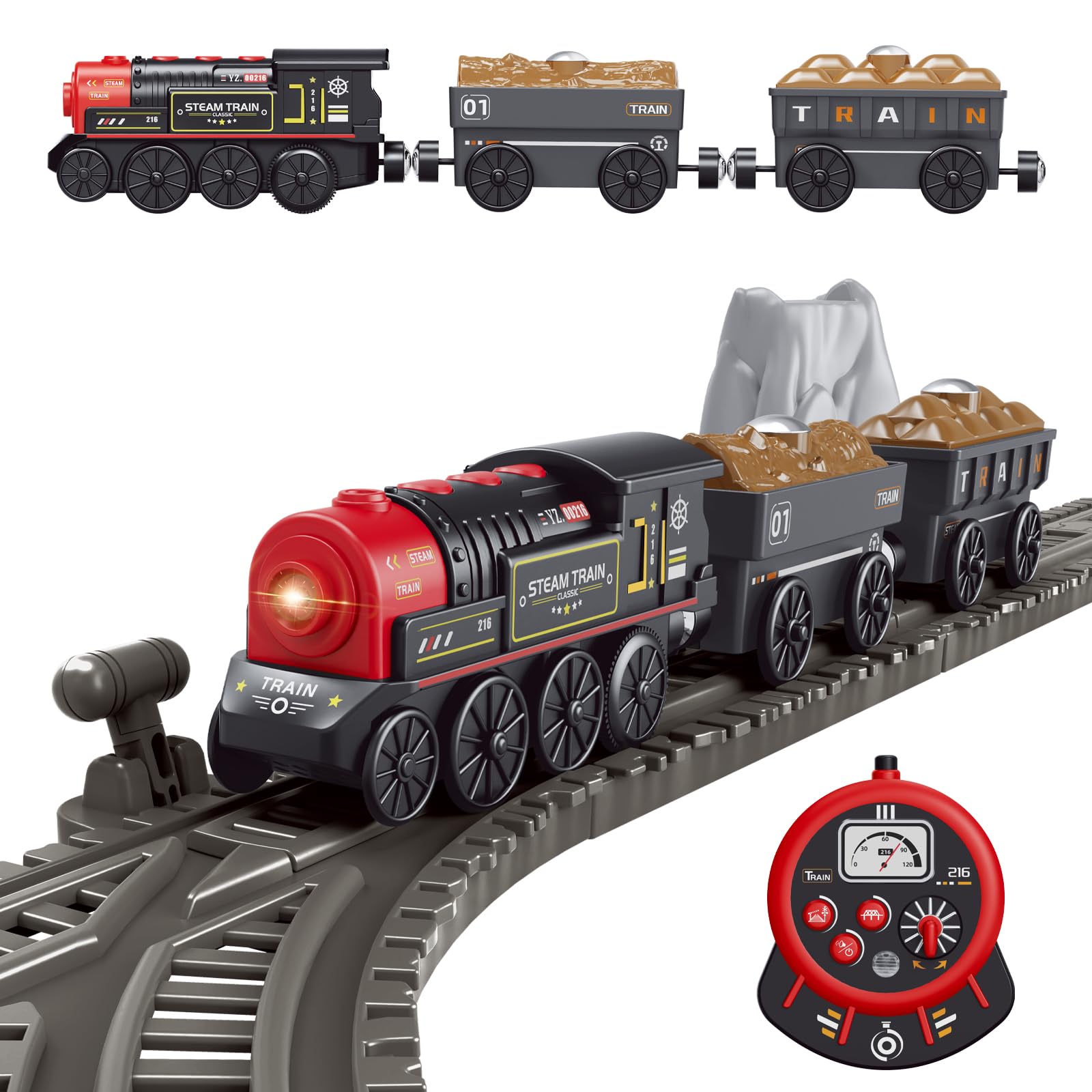 WOODENFUN motorized train in forward motion with bright front lights for immersive play.