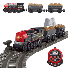 WOODENFUN motorized train in forward motion with bright front lights for immersive play.