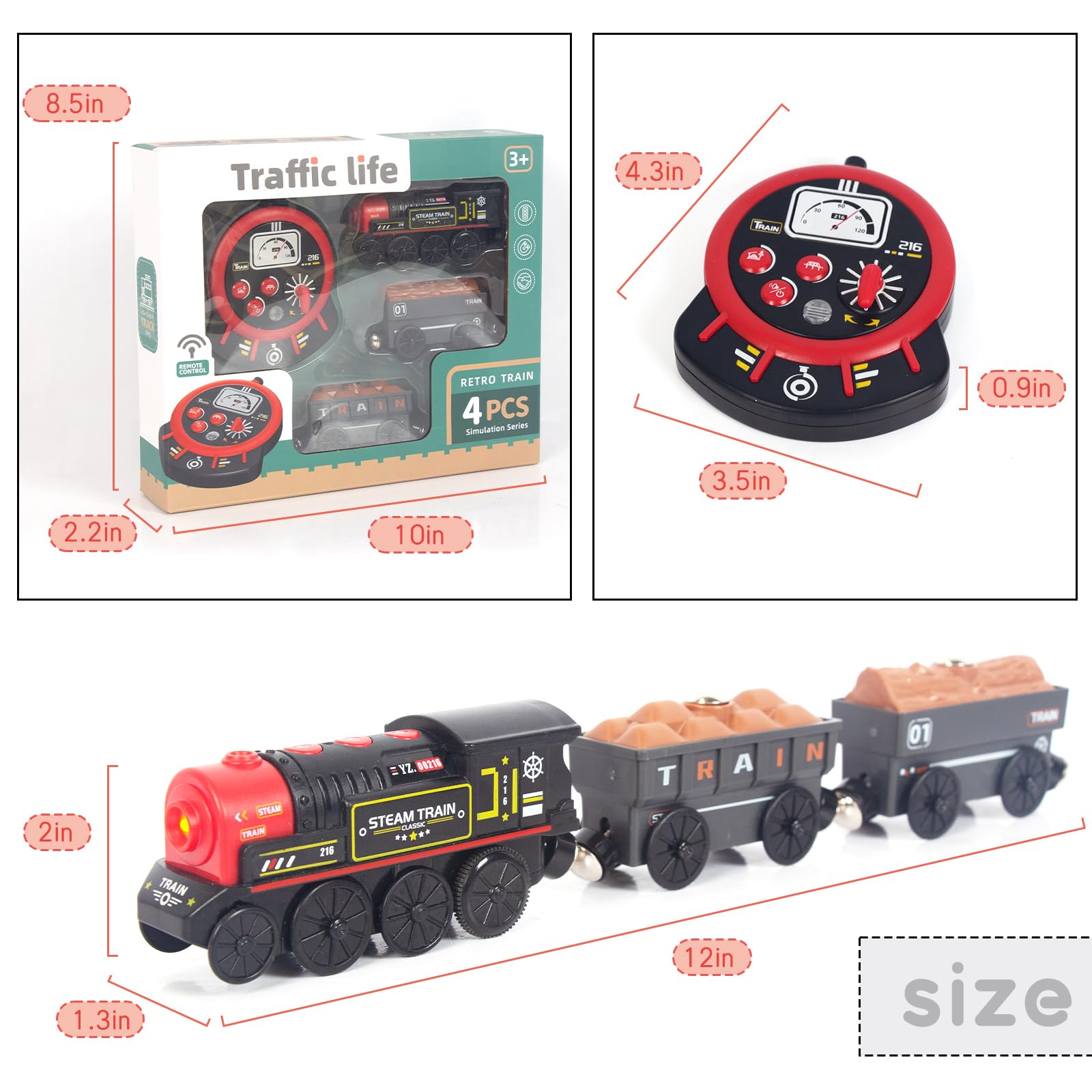 WOODENFUN motorized train with front lights and sounds during forward motion for realism.