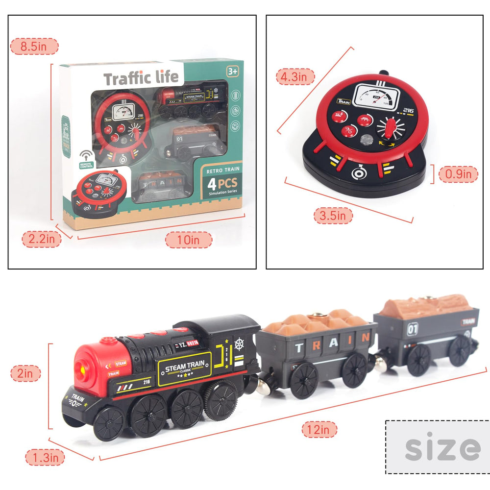 WOODENFUN motorized train with front lights and sounds during forward motion for realism.