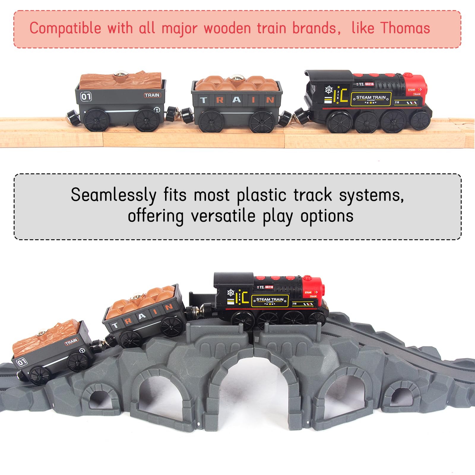 WOODENFUN motorized train shows magnetic carriages linking for easy setup.