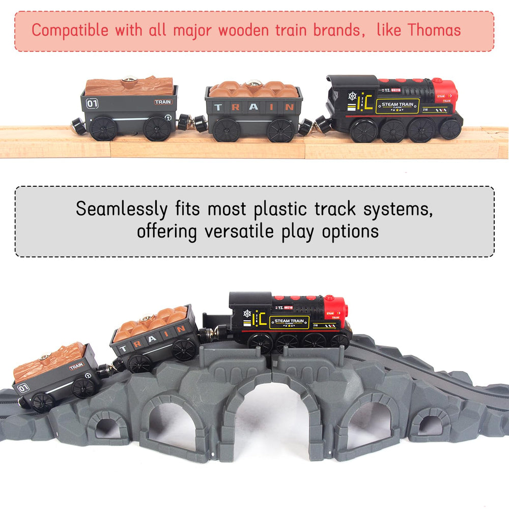 WOODENFUN motorized train shows magnetic carriages linking for easy setup.