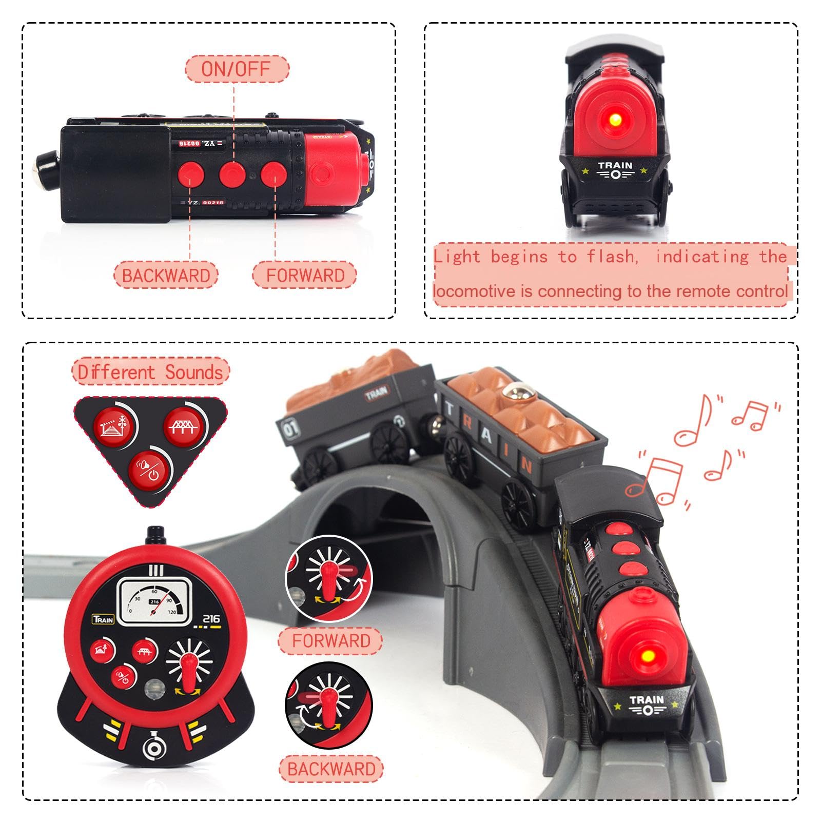WOODENFUN motorized train reversing with twinkling lights for dynamic play.