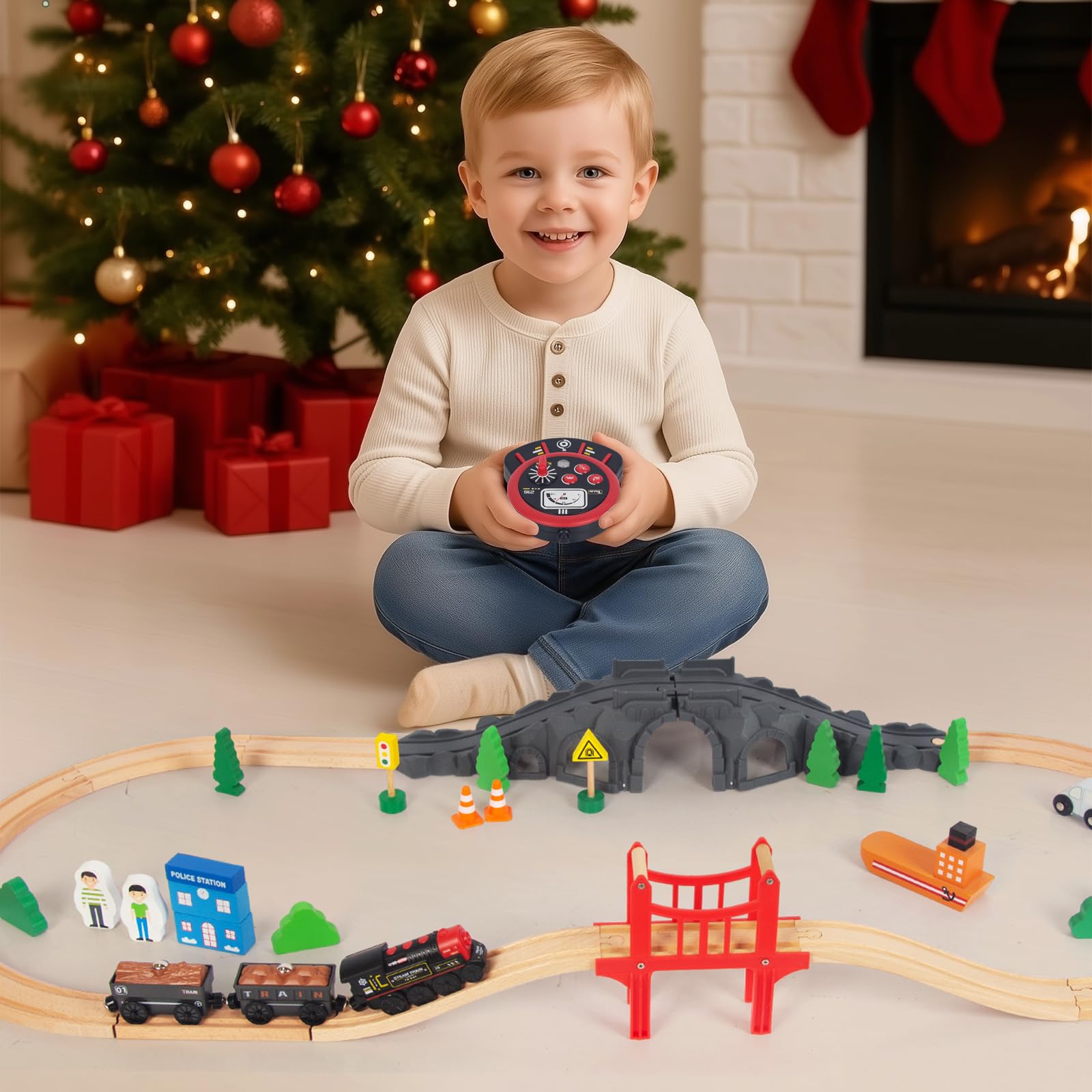 WOODENFUN motorized train highlights a safe, durable build for young children.
