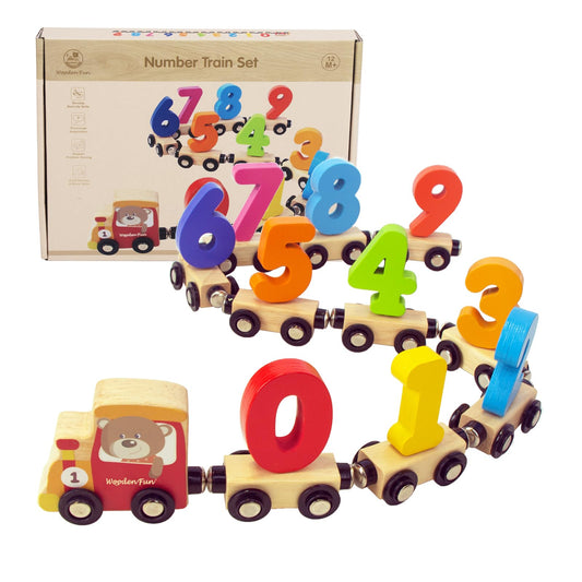 WOODENFUN Number Train Set red side view inspires tactile learning and imaginative play.