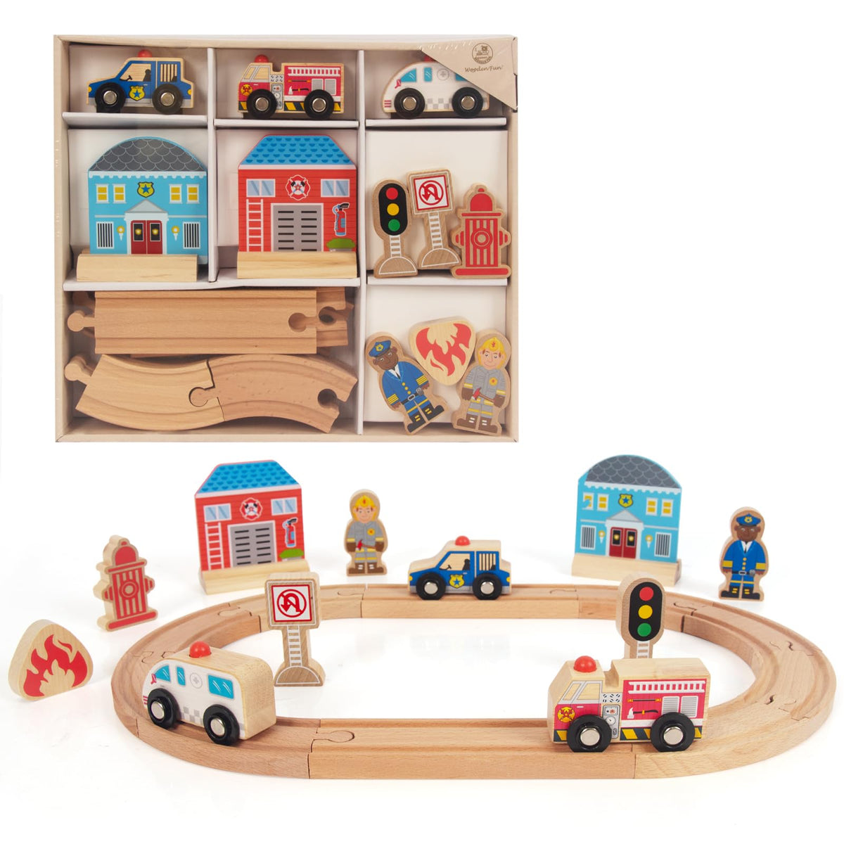 WOODENFUN Police train engine on track inspires imaginative storytelling and hands-on play