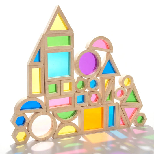 WOODENFUN Rainbow Blocks Set with 32 pieces for imaginative stacking play and color discovery.