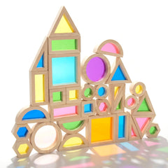WOODENFUN Rainbow Blocks Set with 32 pieces for imaginative stacking play and color discovery.