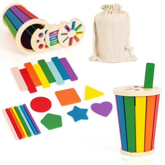 WOODENFUN Shape & Color Sorting toy for toddlers promotes color recognition and motor skills.