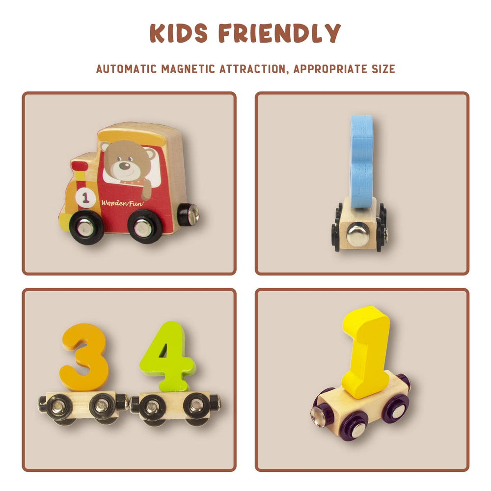 WOODENFUN train pieces fit major-brand tracks for expandable play.
