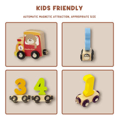 WOODENFUN train pieces fit major-brand tracks for expandable play.
