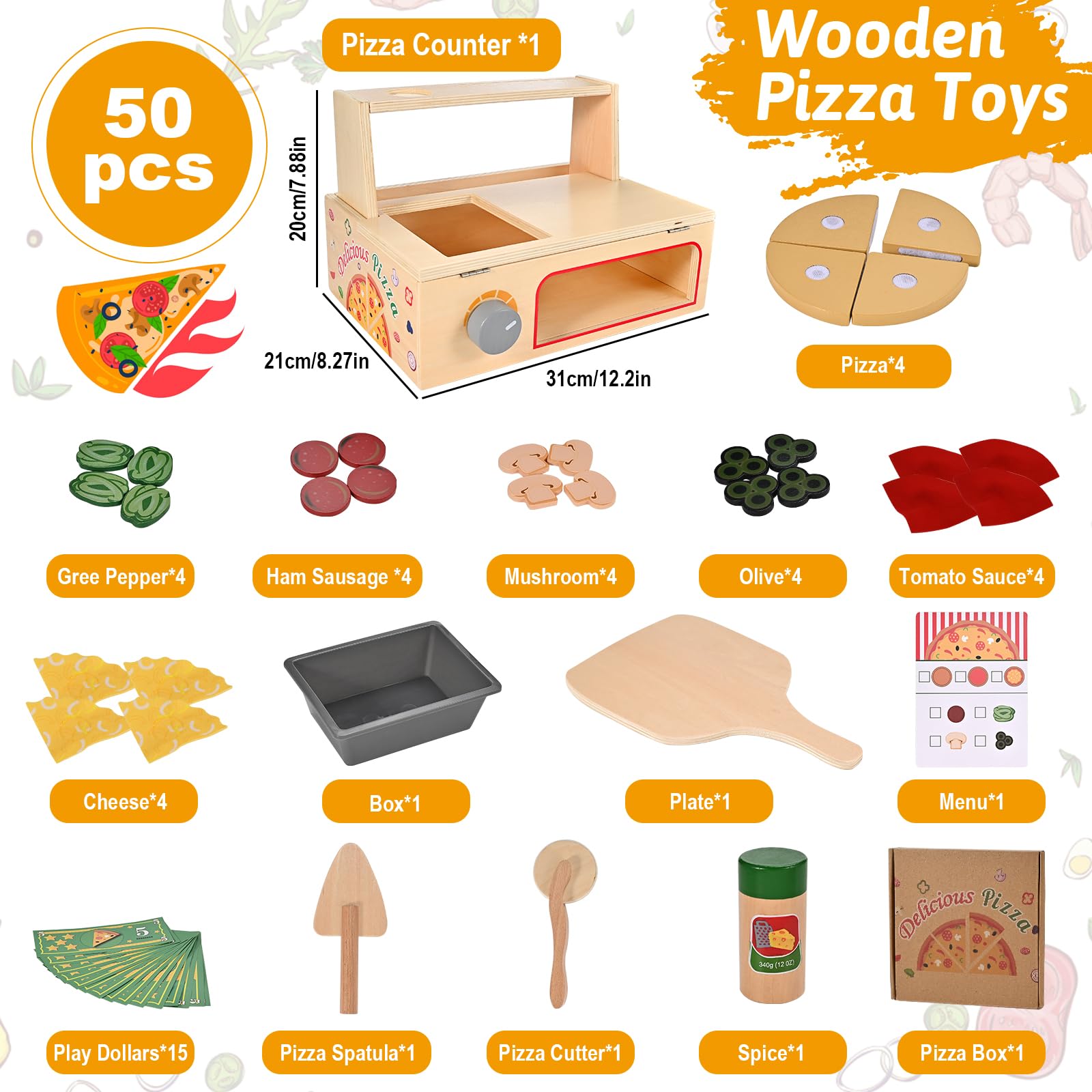 Wooderma wooden pizza counter playset with durable basswood and foldable design.