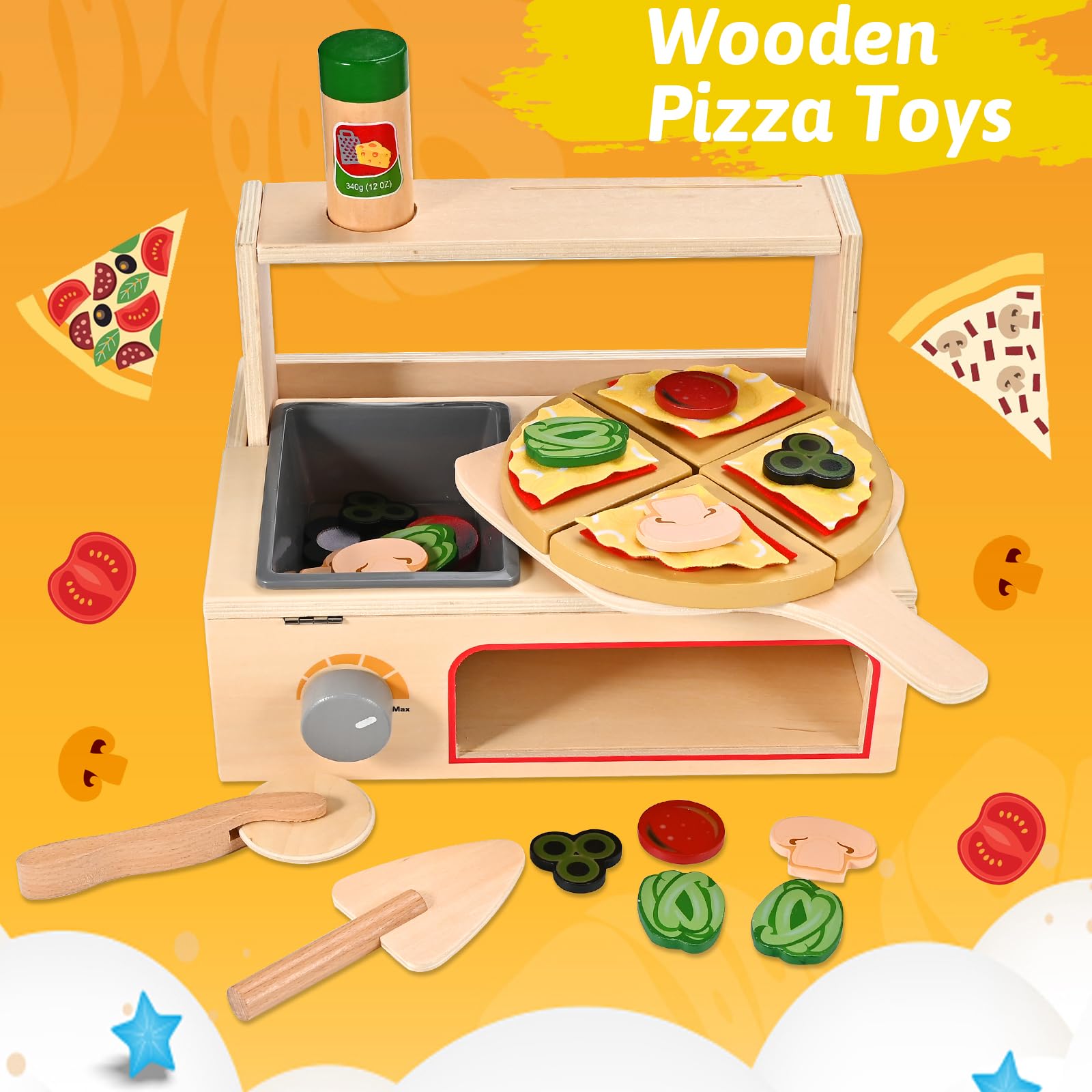 Wooderma pizza toppings and patterns enhance visual detail during playtime.